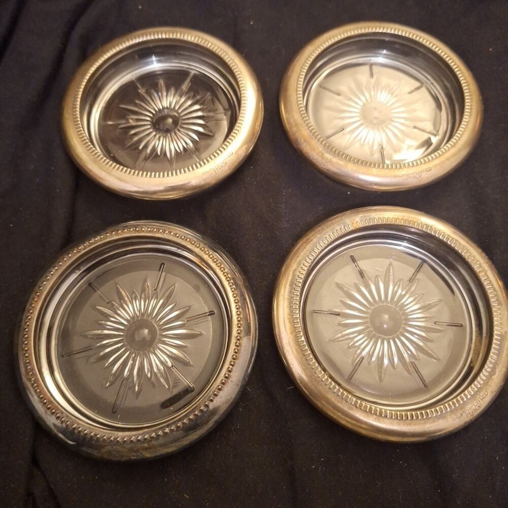 Leonard Silver Plate And Crystal Set Of 4 Starburst Coasters Made In Italy Vtg